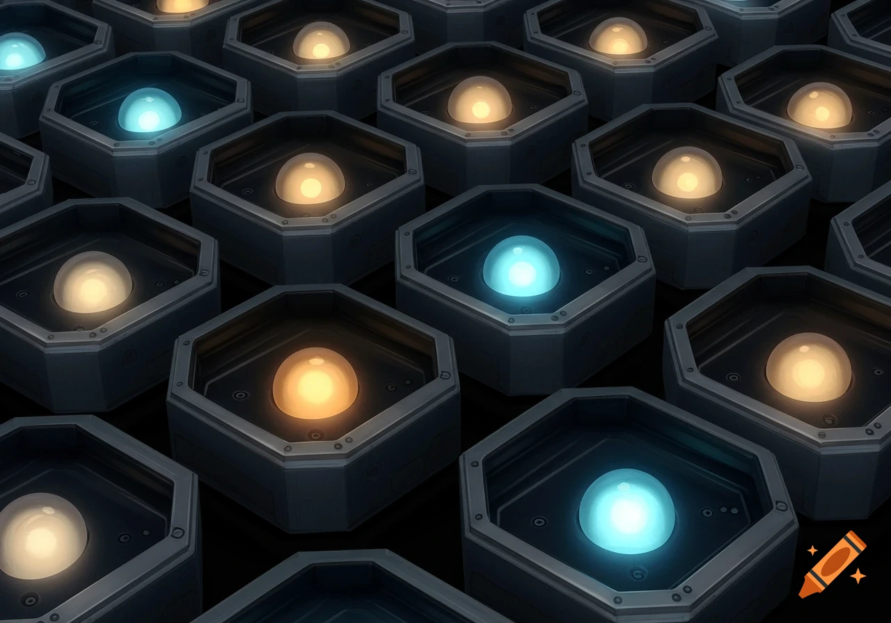 A grid of dark hexagonal cases, each containing a glowing orb in either teal or warm yellow light, creating a futuristic pattern.