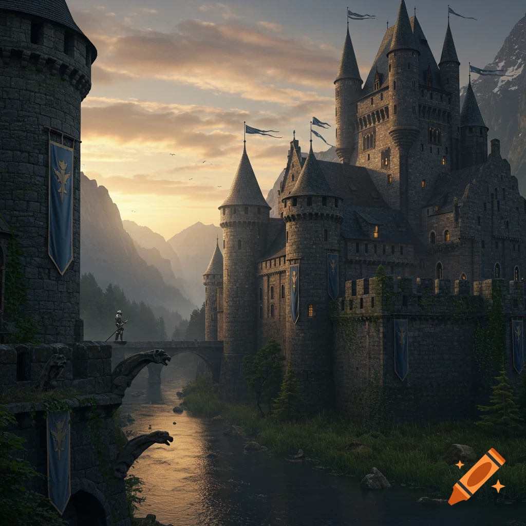 A majestic medieval castle with multiple towers, banners, and a knight on a bridge over a river, set in a mountain valley at sunrise.