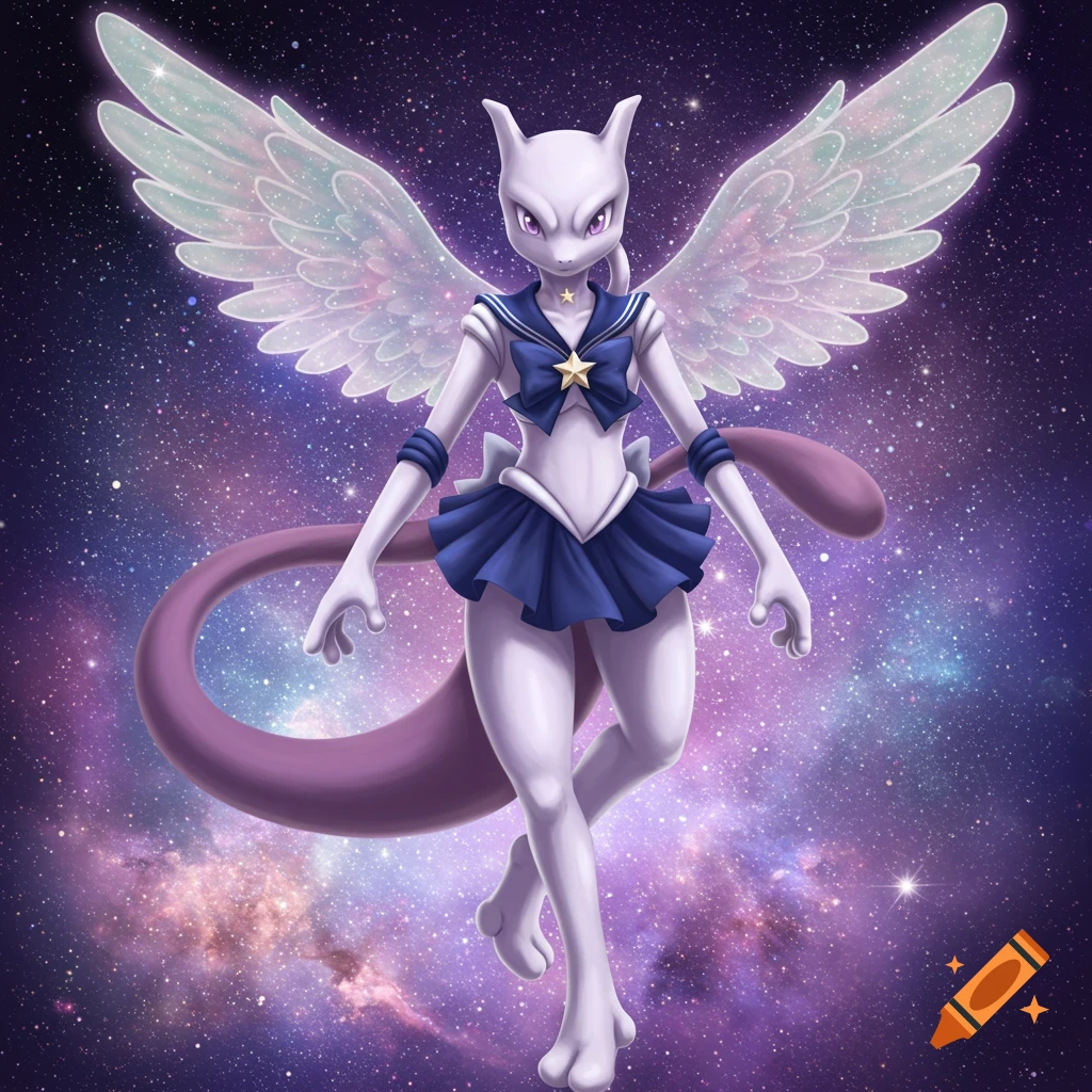 Mewtwo with large translucent wings, wearing a blue and white sailor guardian outfit, standing in a vibrant galaxy.