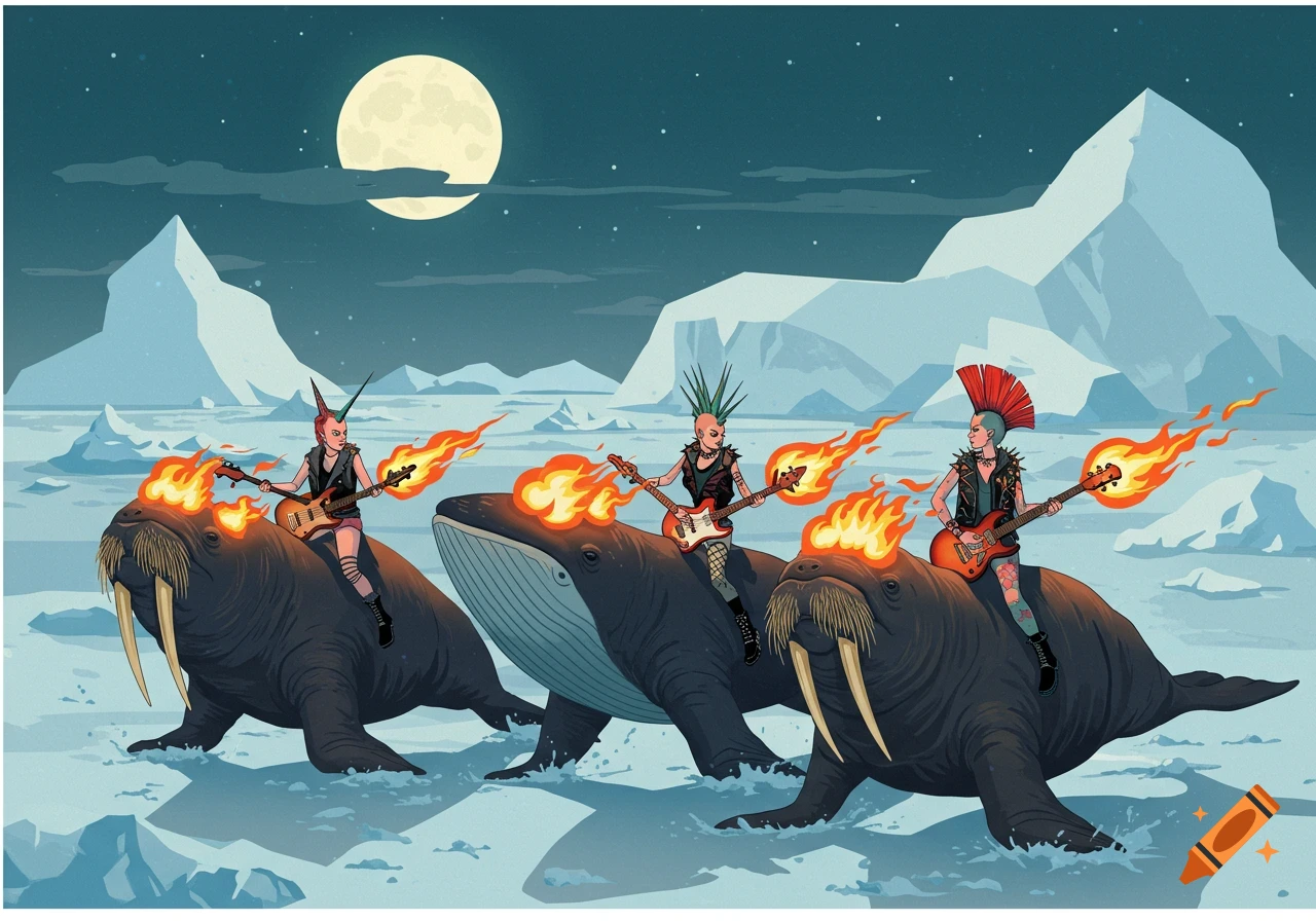 Four punk women with flaming guitars ride walruses and a whale across an icy landscape under a full moon in constructivist poster style.