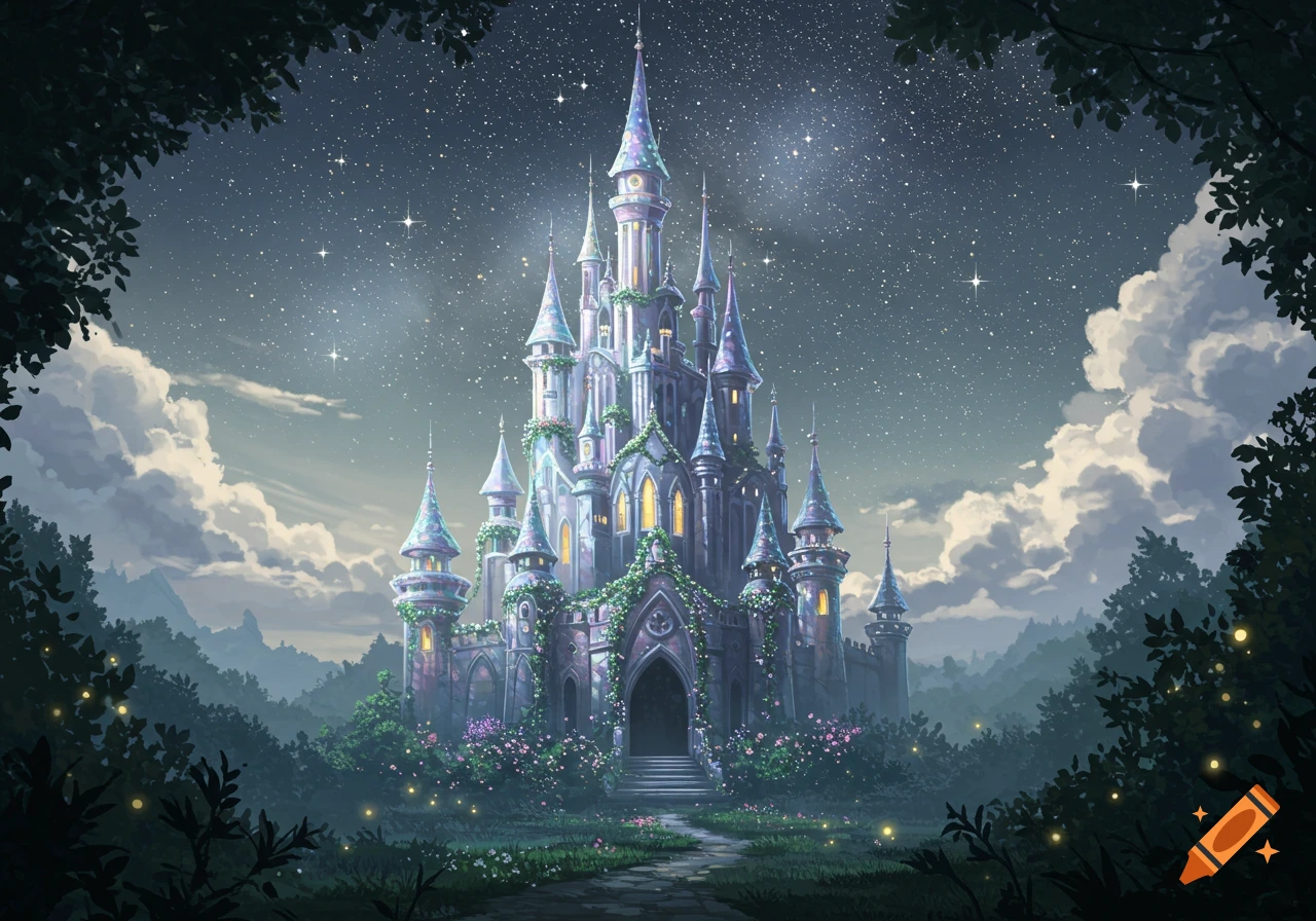 A majestic, illuminated fairy castle stands in a mystical forest under a starry night sky with glowing fireflies.