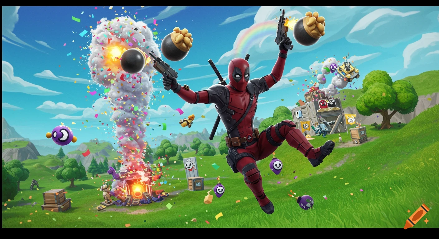 Deadpool jumps amidst explosions and confetti in a vibrant, cartoonish Fortnite-style landscape.