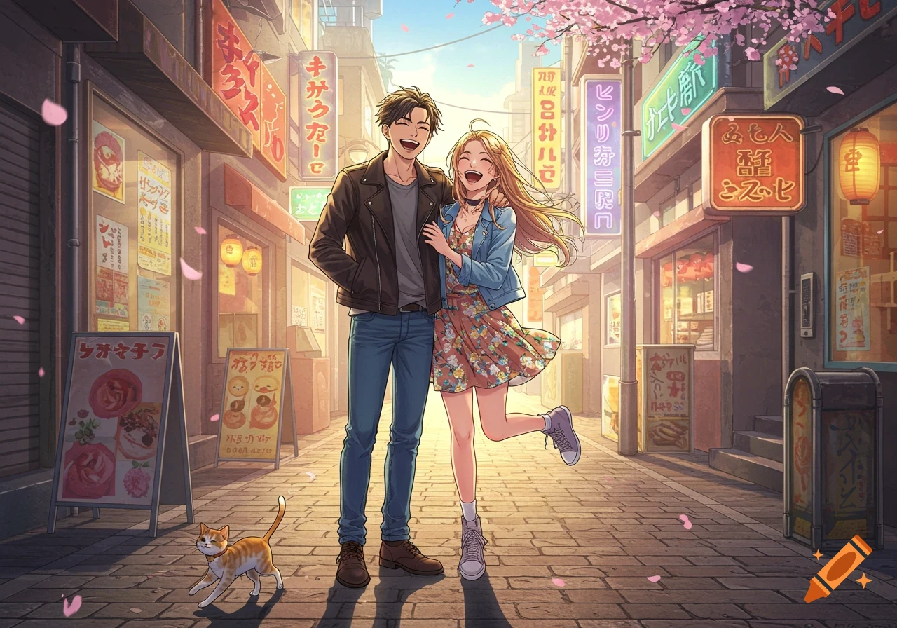 An anime couple laughing on a cherry blossom-lined street with a small ginger cat walking in front of them.