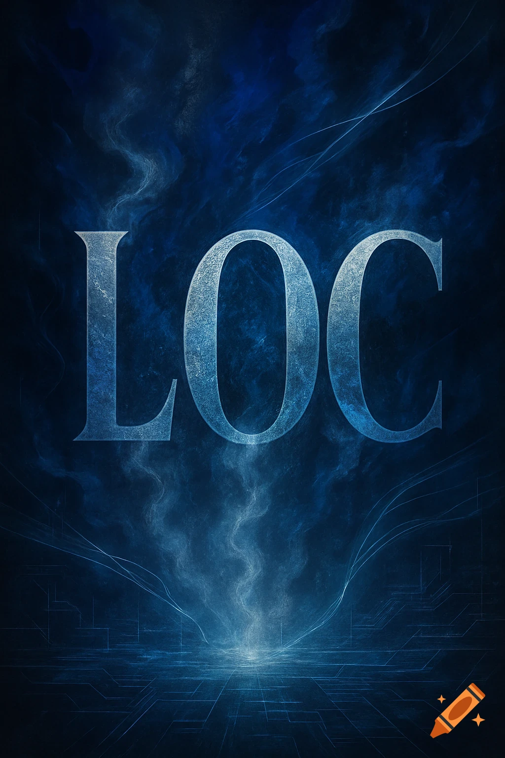 The letters LOC in a frosted, icy blue texture, against a dark blue abstract background with swirling light and circuit-like lines.