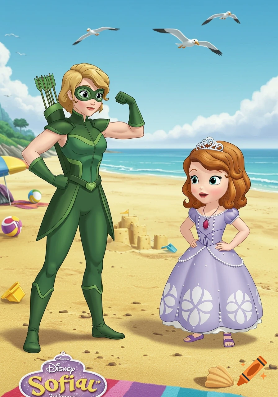 Cartoon of a blonde superhero woman flexing her bicep next to an impressed Princess Sofia on a sunny beach.