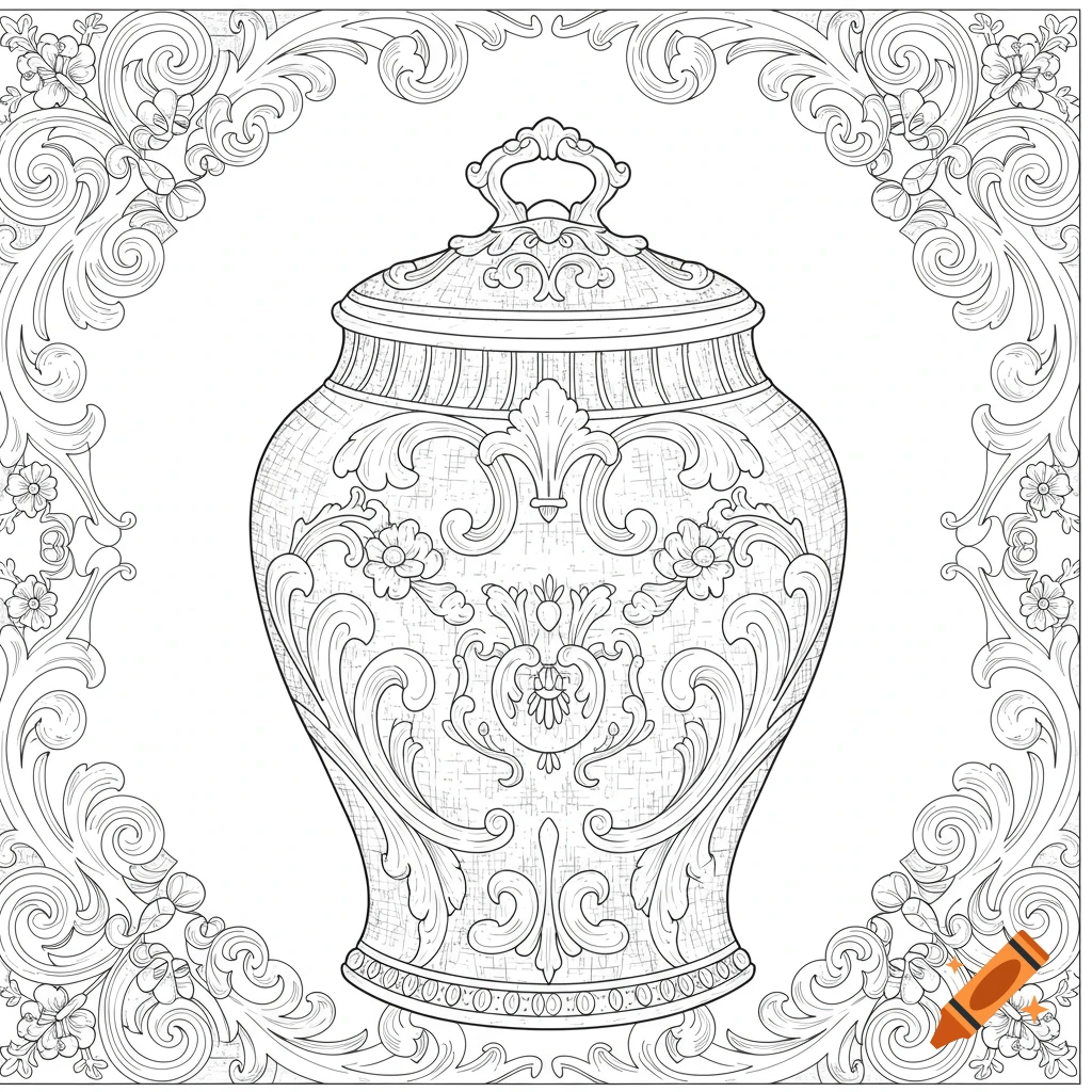 Detailed line art of an ornate French lidded canister with floral scrollwork, in a coloring page style.
