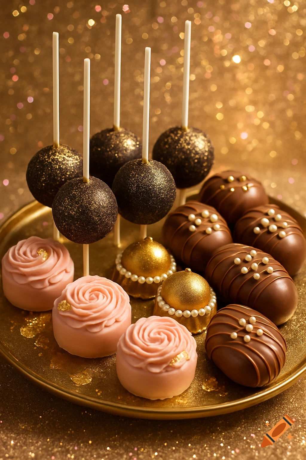 Luxurious party tray with dark glitter cake pops, chocolate-covered treats, and pink rose-shaped sweets on a gold tray with a sparkling background.