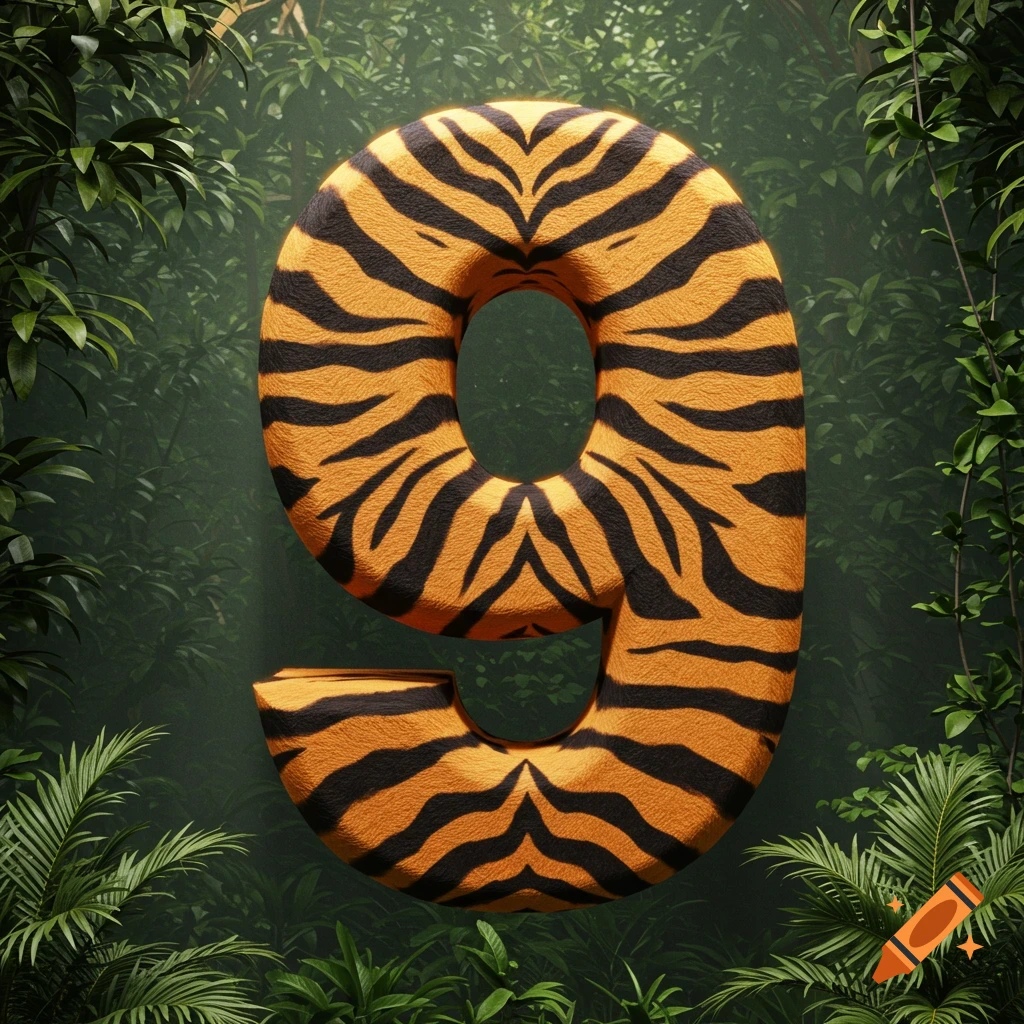 A large 3D number 9 with orange and black tiger stripes, surrounded by lush green jungle foliage.
