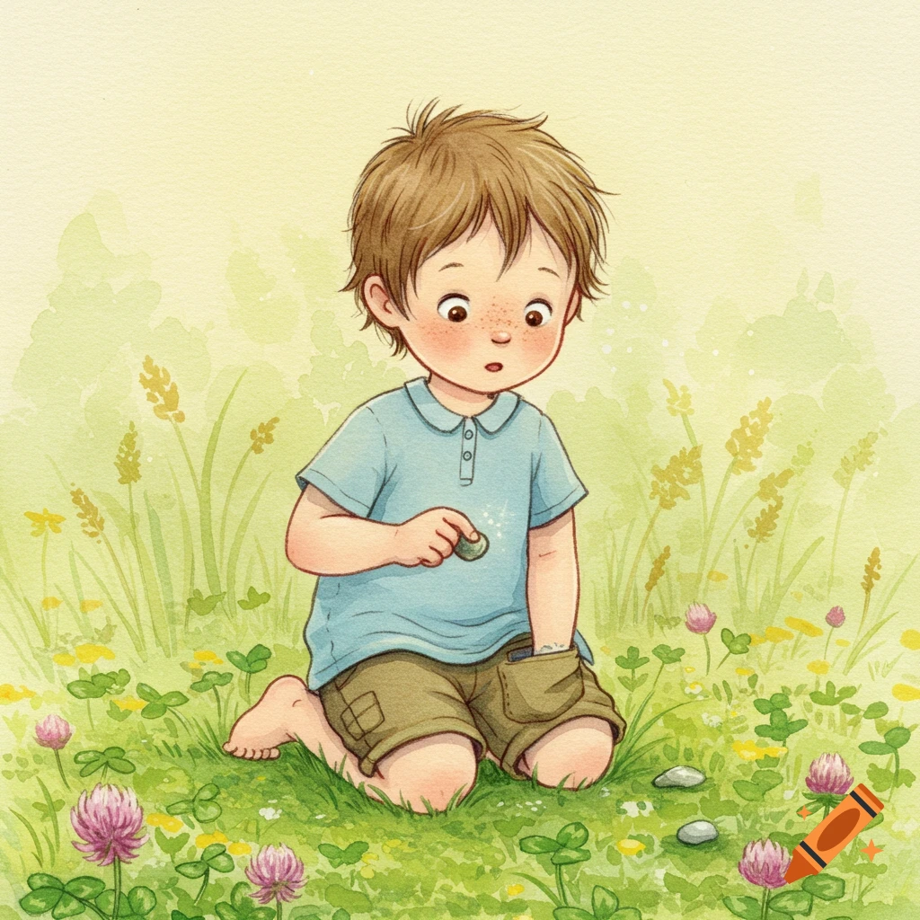 A watercolor storybook illustration of a young child kneeling in a field of clover, looking curiously at a glittering pebble.
