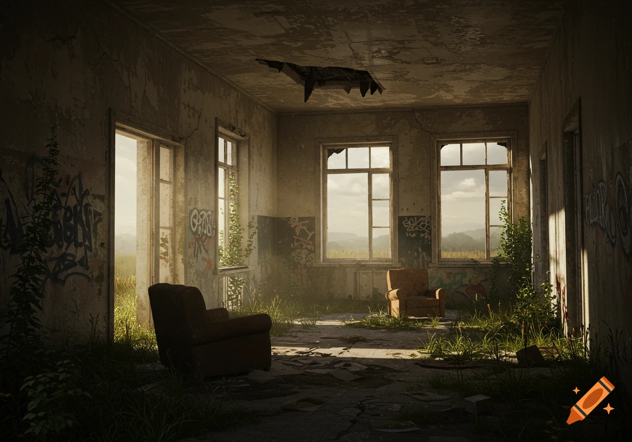An abandoned, dilapidated room with two old armchairs, broken windows overlooking a field, overgrown plants, and graffiti on the walls, in a photorealistic style.