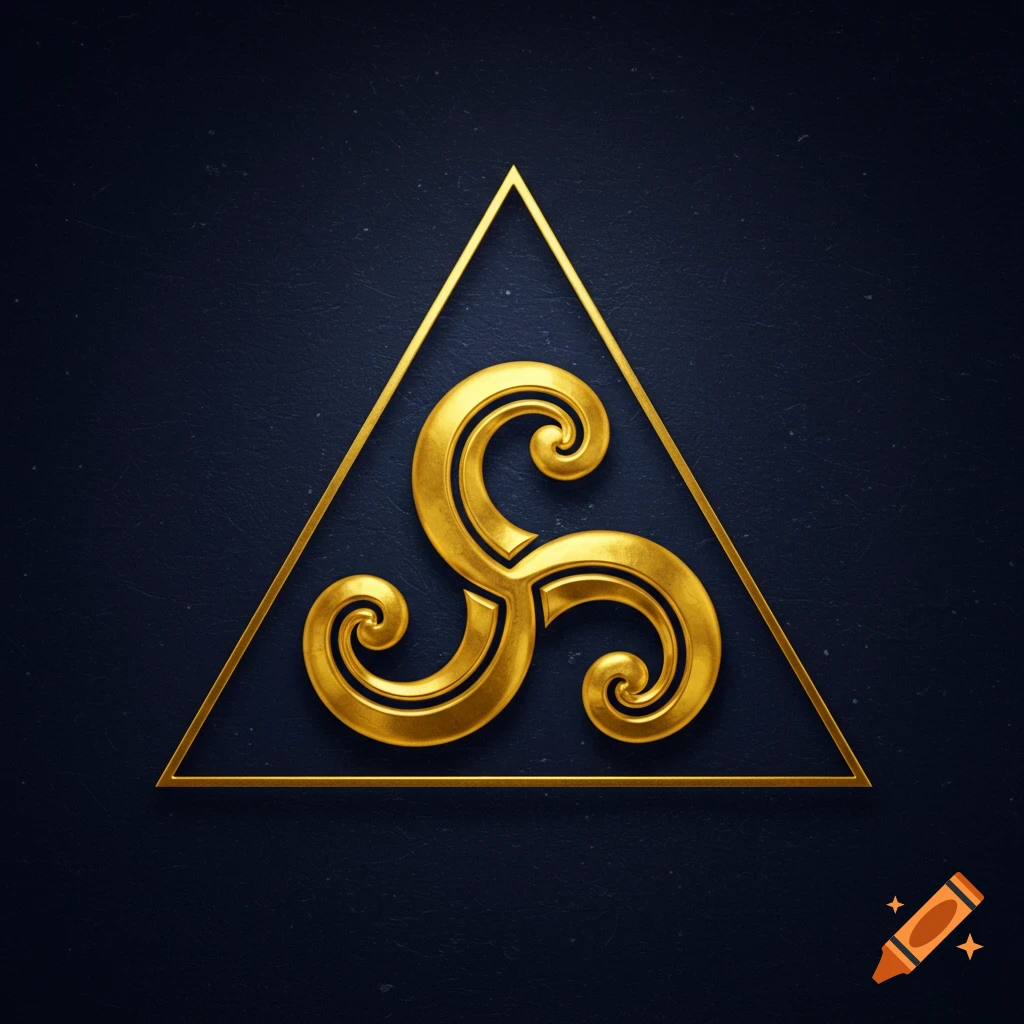 A shiny golden triskelion symbol is centered within a golden triangle, all on a dark textured background.