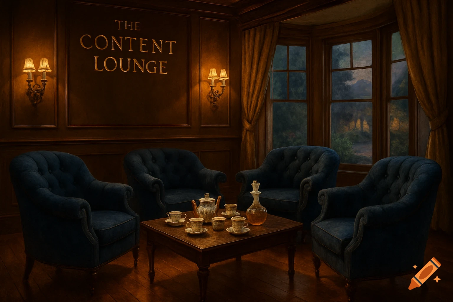 A cozy, dimly lit lounge with blue armchairs, a tea set on a table, and a sign 'THE CONTENT LOUNGE' above, with a view of a forest outside a bay window.