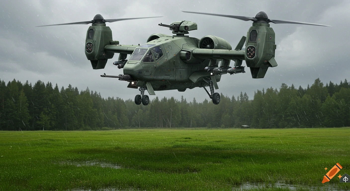 A green military VTOL aircraft descends into a wet green field with a forest background under a rainy, overcast sky. Realistic concept art.