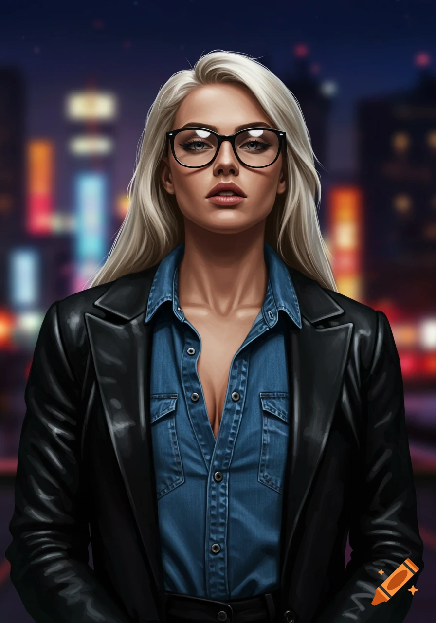 A blonde woman in black glasses, a denim shirt, and a black leather blazer, digital art style portrait against a blurred city night.