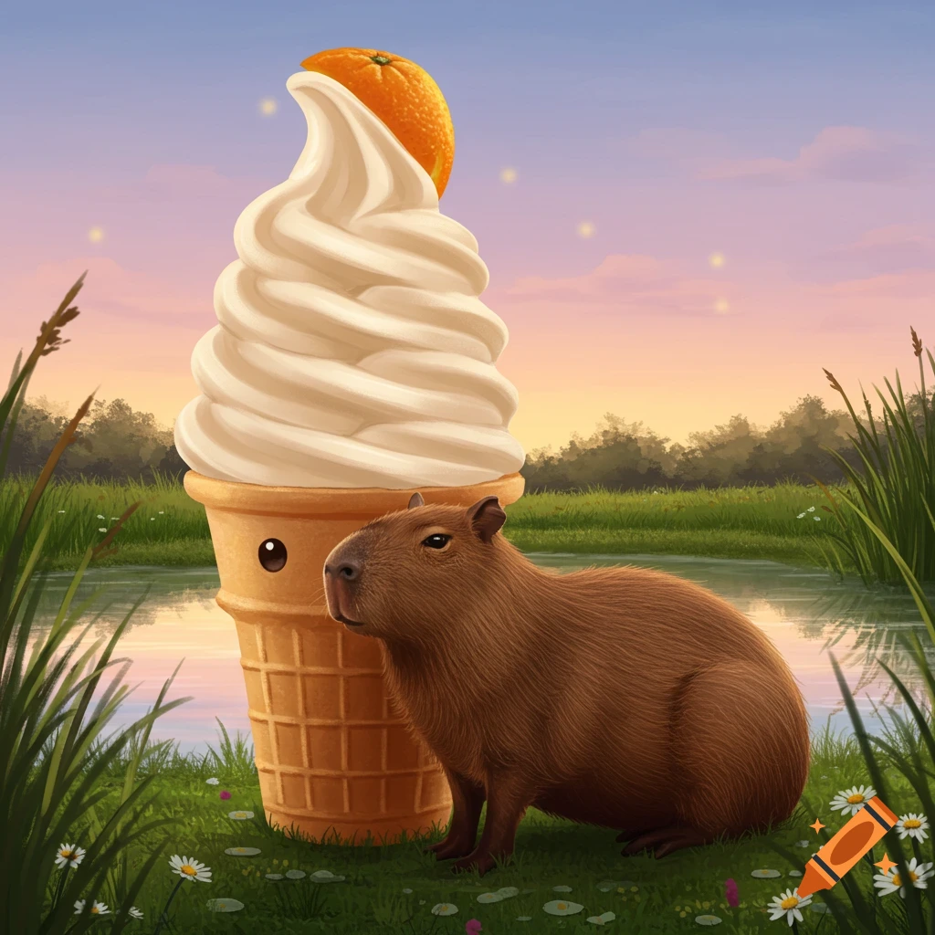 A brown capybara sits in green grass next to a giant smiling ice cream cone topped with an orange, by a lake at sunset.