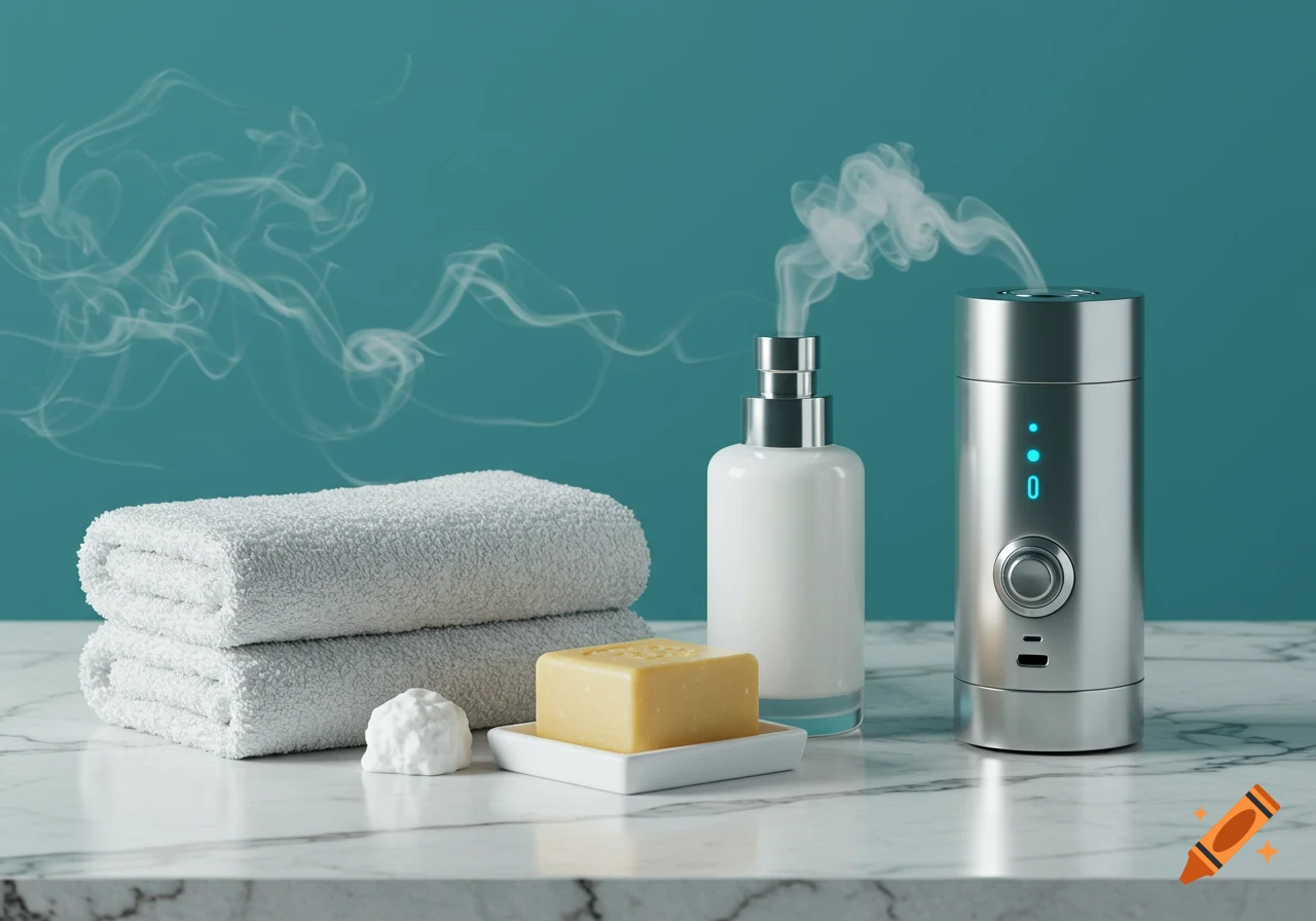 A still life of white towels, soap, lotion, and a silver scent diffuser emitting vapor on a marble counter against a turquoise wall.