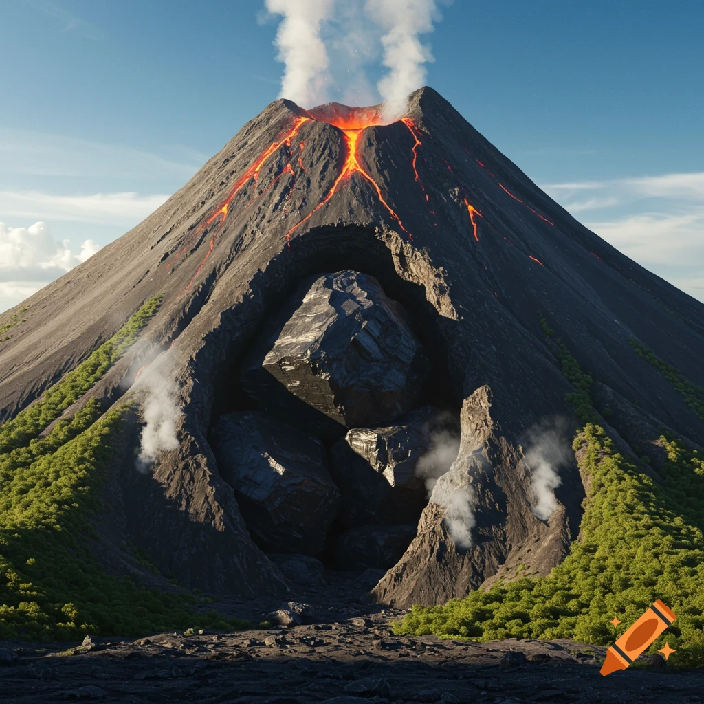 Photorealistic image of an erupting volcano, its side blocked by a large, dark, geometric rock formation.