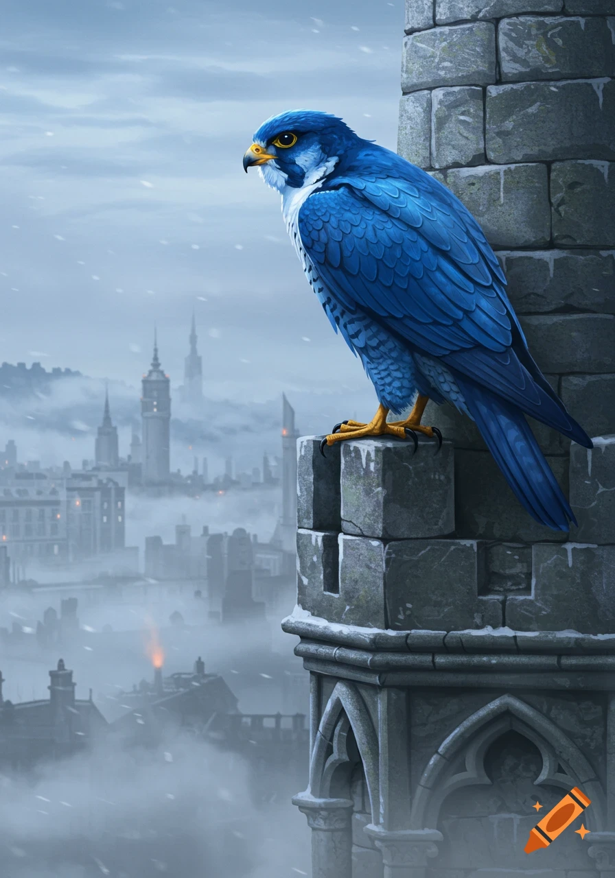A majestic blue falcon with bright yellow eyes perches on a snow-dusted stone tower, overlooking a misty, snowy cityscape.