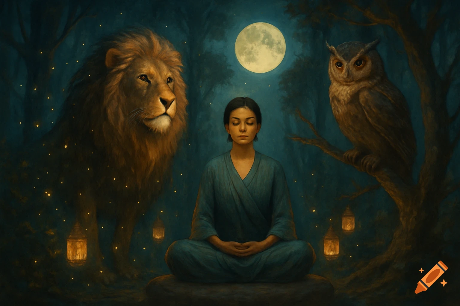 A mystical digital painting of a woman meditating under a full moon, flanked by a lion and an owl in a serene forest with glowing fireflies.