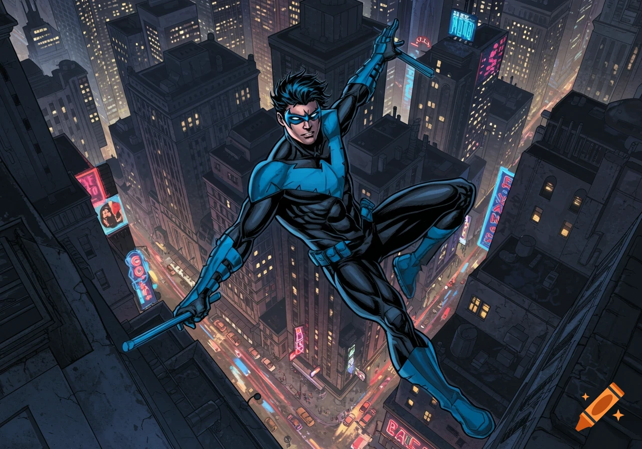 Nightwing performs an acrobatic dive over Gotham City streets from a top-down view in comic book style.