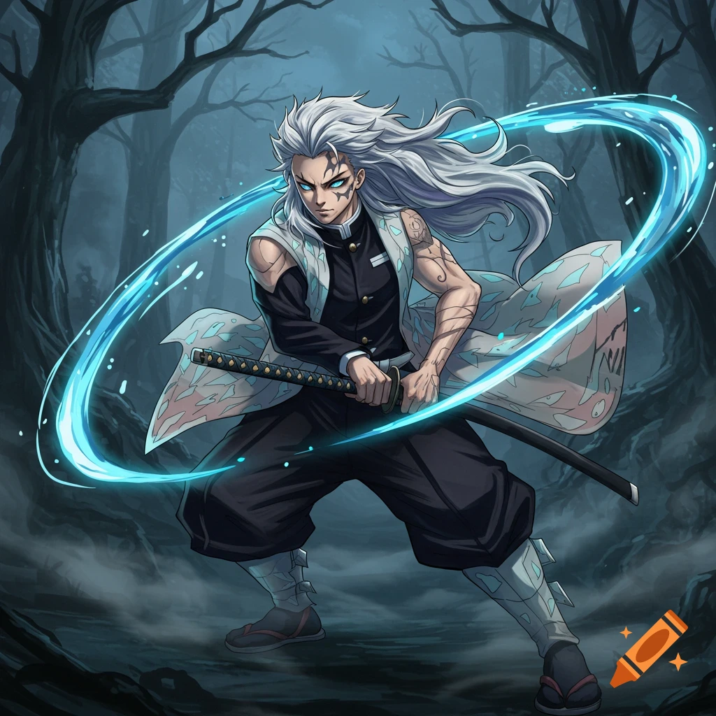 Anime-style character with silver hair, blue eyes, black uniform, and a light hoari, wielding a sword with a blue energy swirl in a dark forest.