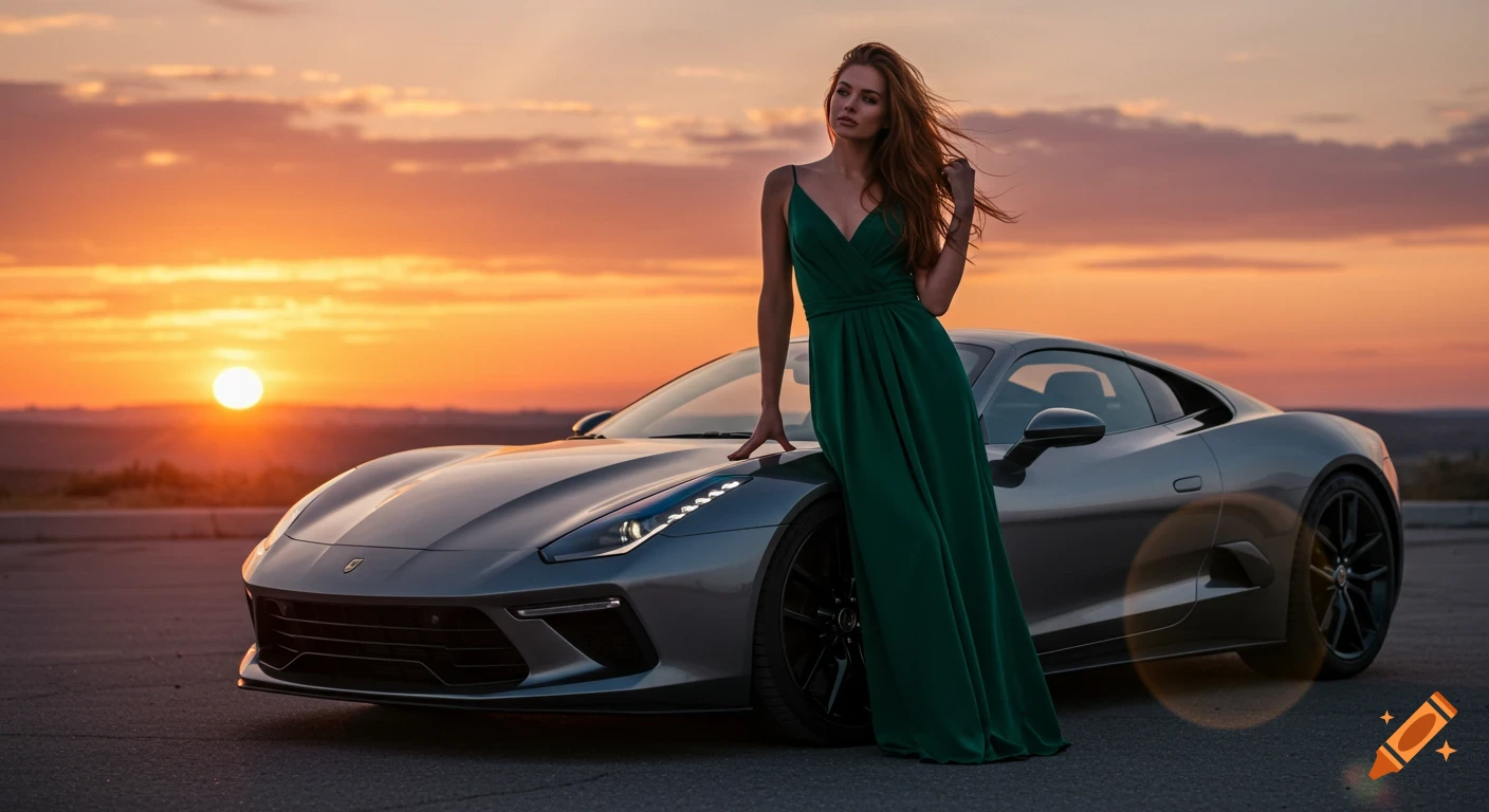 A woman in a green dress poses elegantly beside a grey luxury sports car against a vibrant sunset.