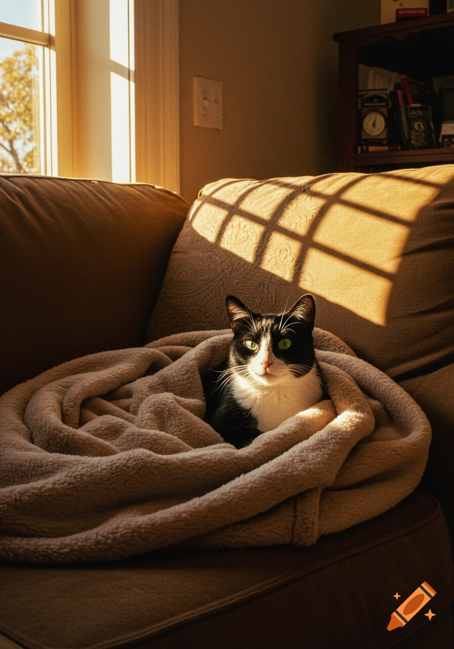 Black and white cat with green eyes wrapped in a fluffy blanket on a brown couch. Sunlight streams through a window, casting shadows.
