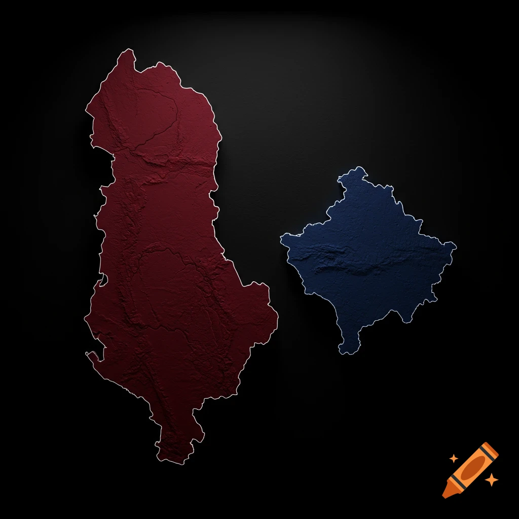 Relief maps of Albania in dark red and Kosovo in dark blue on a black background.