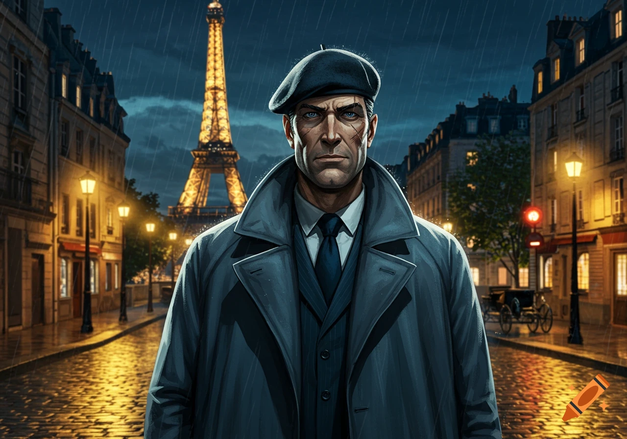 A comic art illustration of a French detective in a trench coat and beret, standing on a rainy street in Paris with the Eiffel Tower in the background.