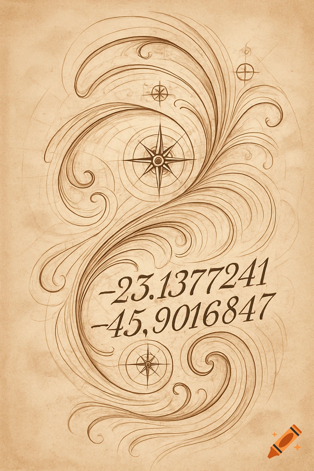 An aged parchment with swirling decorative patterns and three compass roses, featuring the coordinates -23.1377241 and -45,9016847 in a script font.