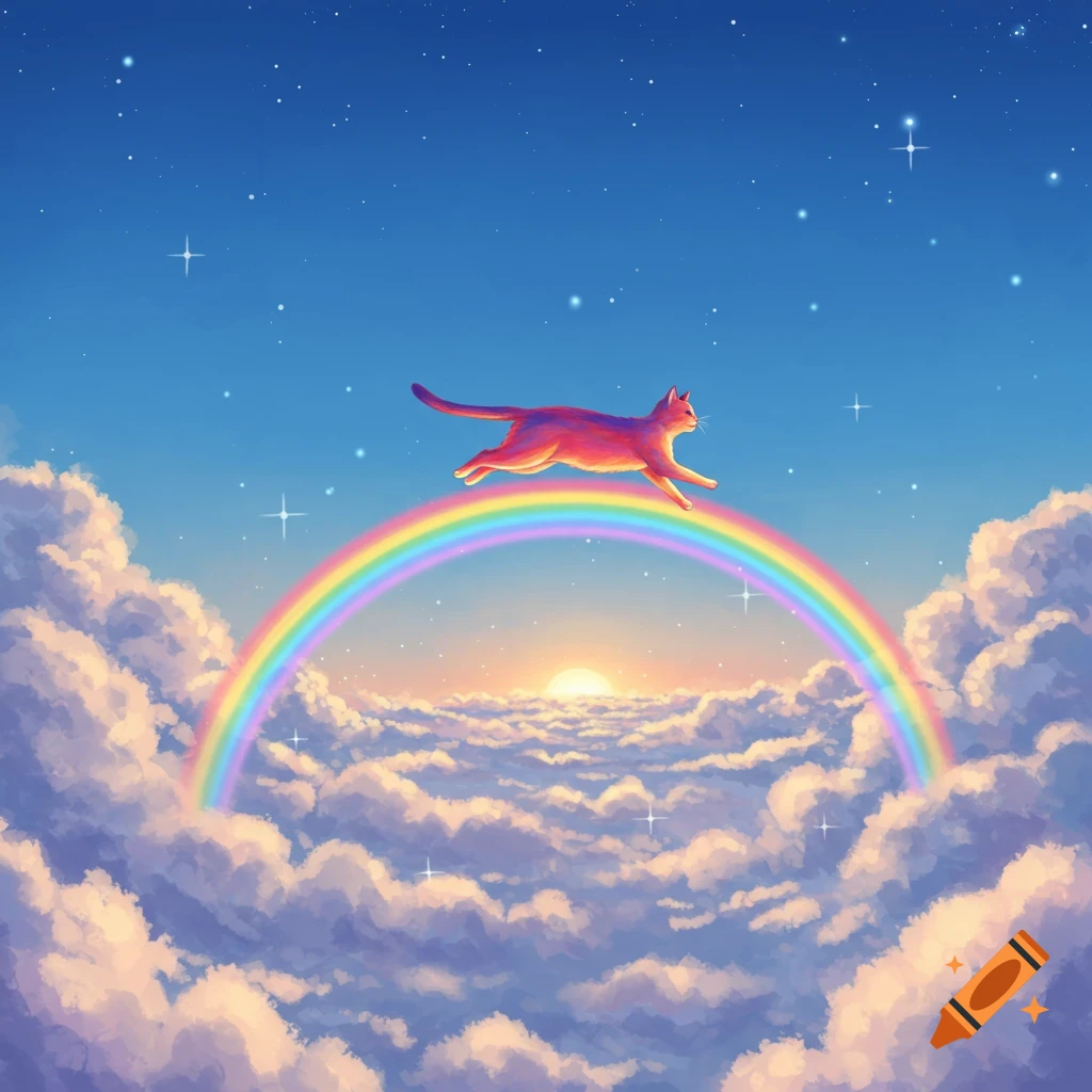 An orange cat runs across a vibrant rainbow over fluffy clouds, under a starry blue sky with a glowing sunset.