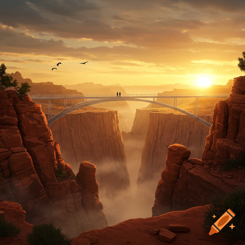 A photorealistic sunset view of a bridge with two people spanning a misty, red-rock canyon, with birds flying.