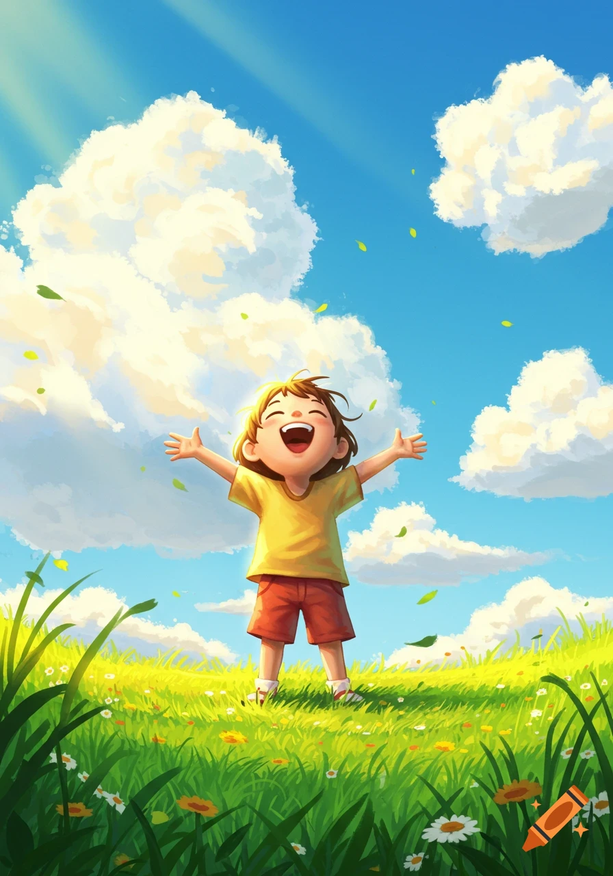 A happy cartoon child with outstretched arms laughs in a sunny green meadow under a bright blue sky with clouds.