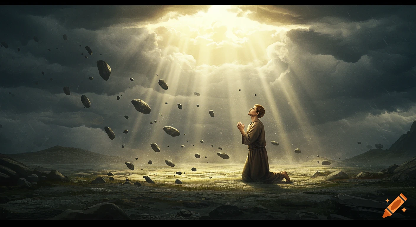 A man, Stephen, kneels in prayer on a desolate plain as golden light breaks through stormy clouds and stones float around him.