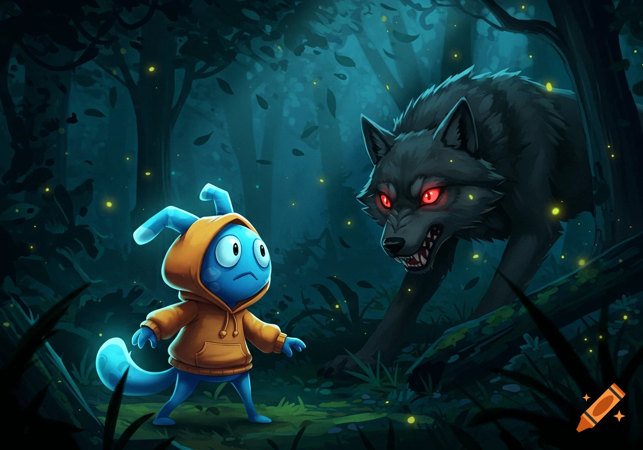 A worried blue cartoon creature in an orange hoodie confronts a snarling gray wolf with glowing red eyes in a dark, firefly-lit forest.