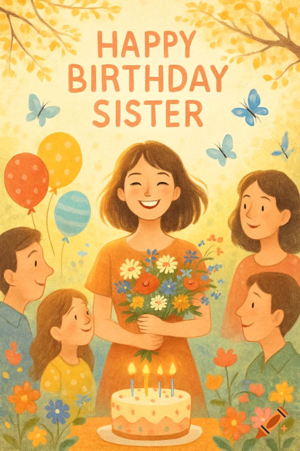 A cheerful whimsical illustration of a family celebrating a birthday, with a girl holding flowers, a cake, balloons, and text 'HAPPY BIRTHDAY SISTER'.