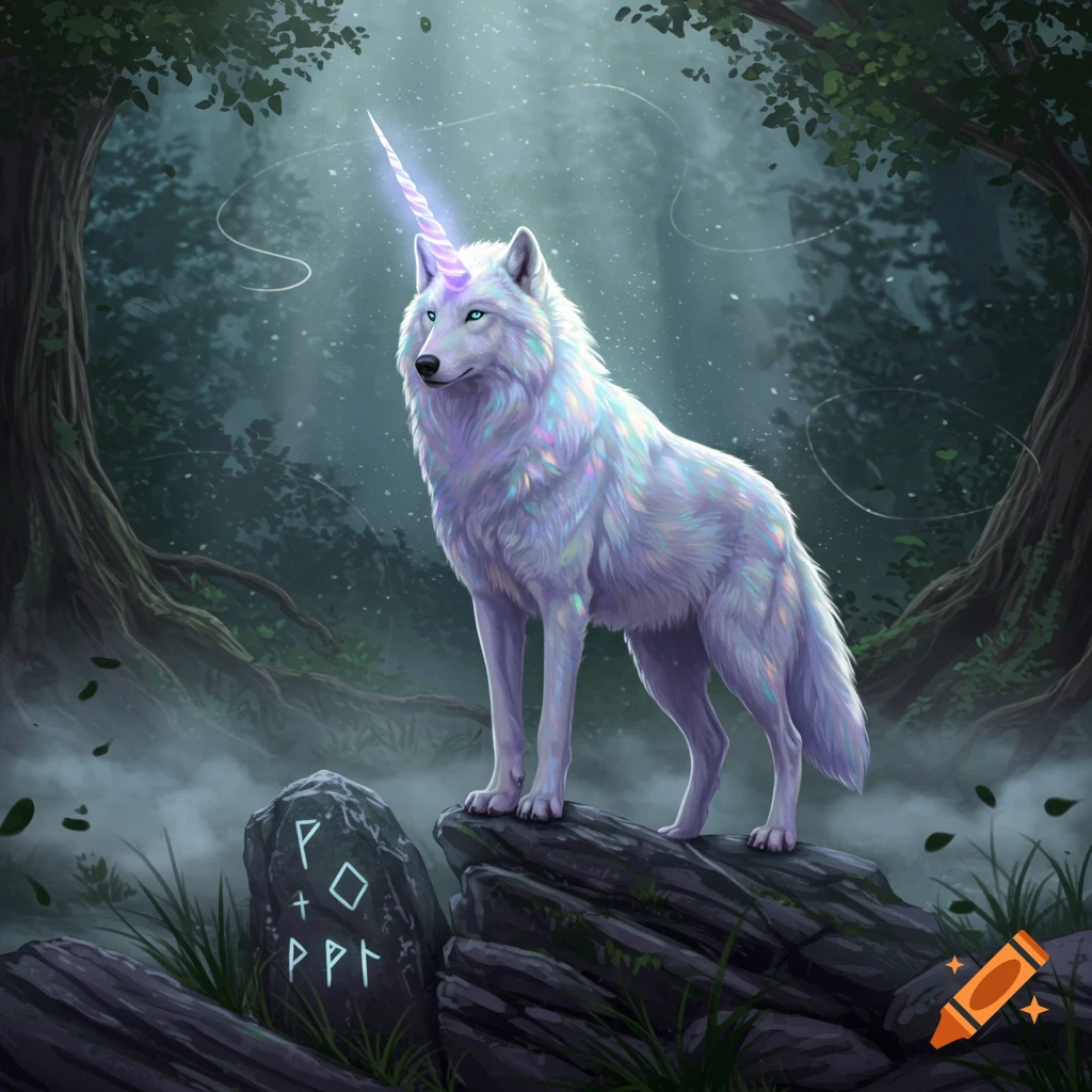 A shimmering white unicorn wolf with a glowing horn stands majestically on a mossy rock with runes in a mystical, foggy forest.