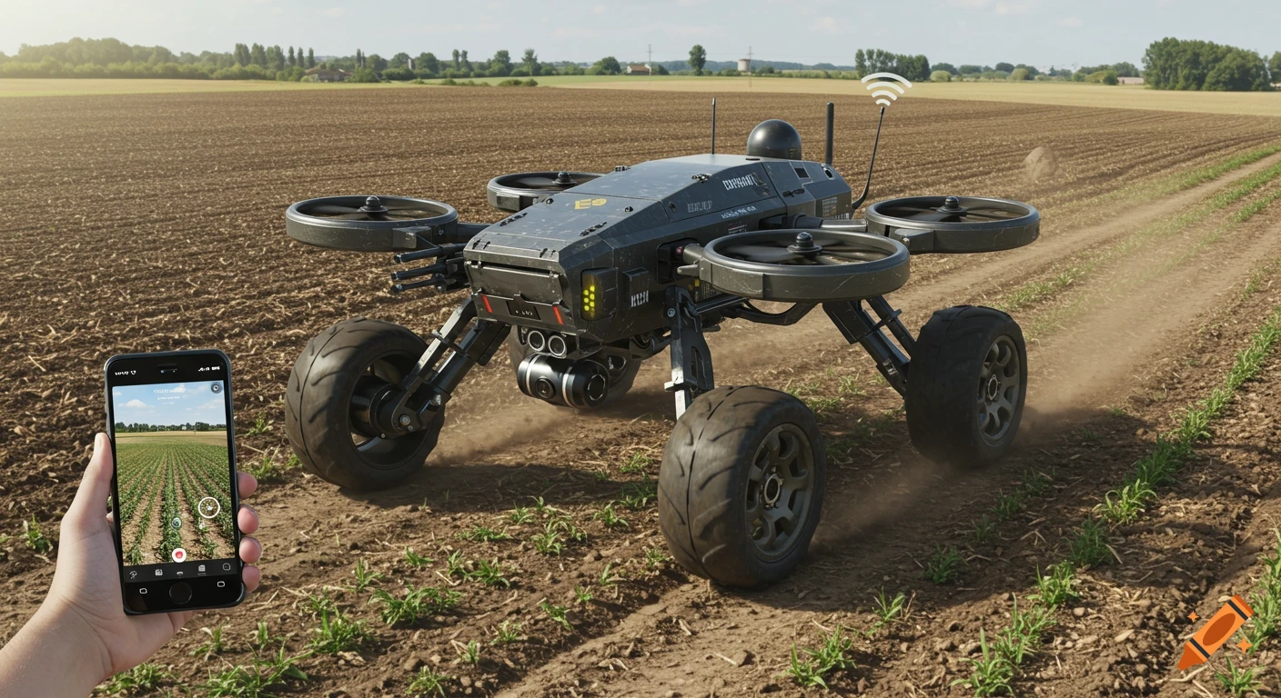 A futuristic military-style drone with wheels and propellers drives through a farm field, while a hand holds a smartphone displaying the drone's camera view.