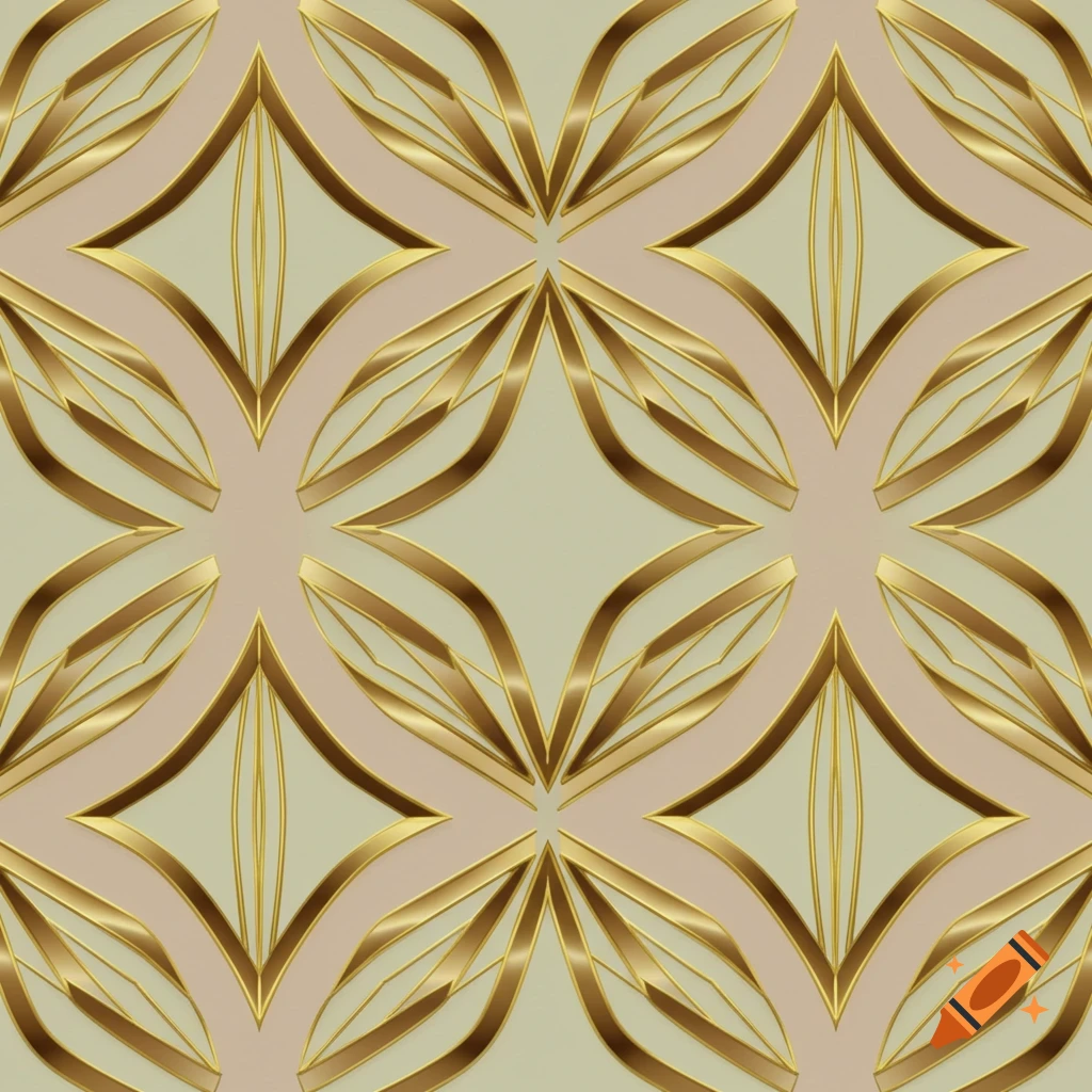 Seamless geometric pattern with gold outlines and pastel backgrounds in an art deco style.