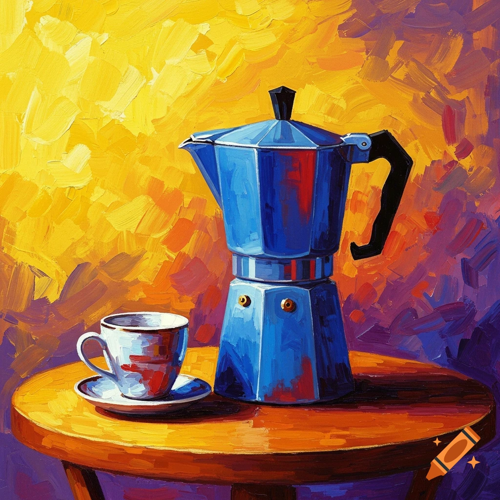 Fauvist painting of a blue moka pot and a coffee cup on a wooden table against a vibrant yellow and purple background.