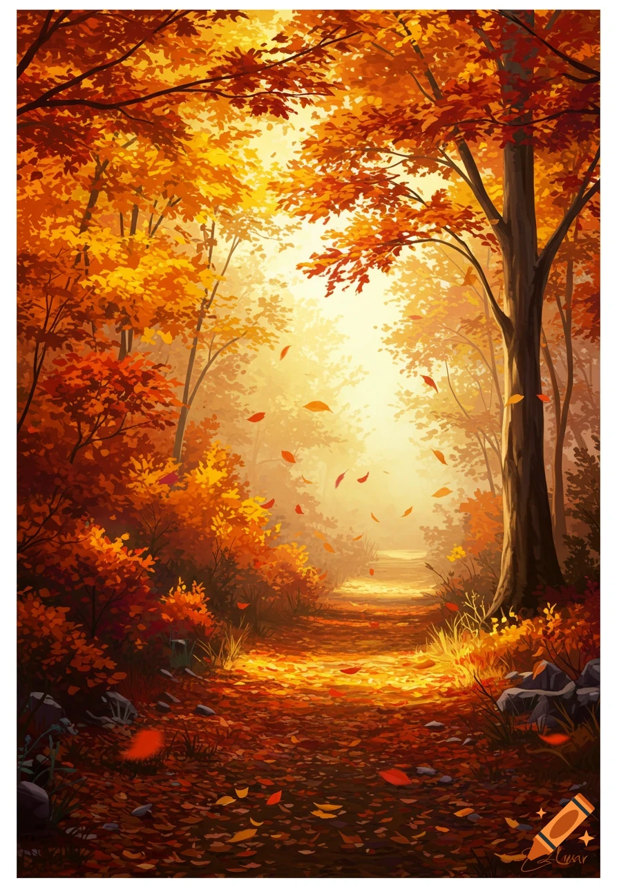 A vibrant, stylized painting of an autumn forest path bathed in golden sunlight, with brilliant orange and yellow leaves on trees and scattered on the ground.
