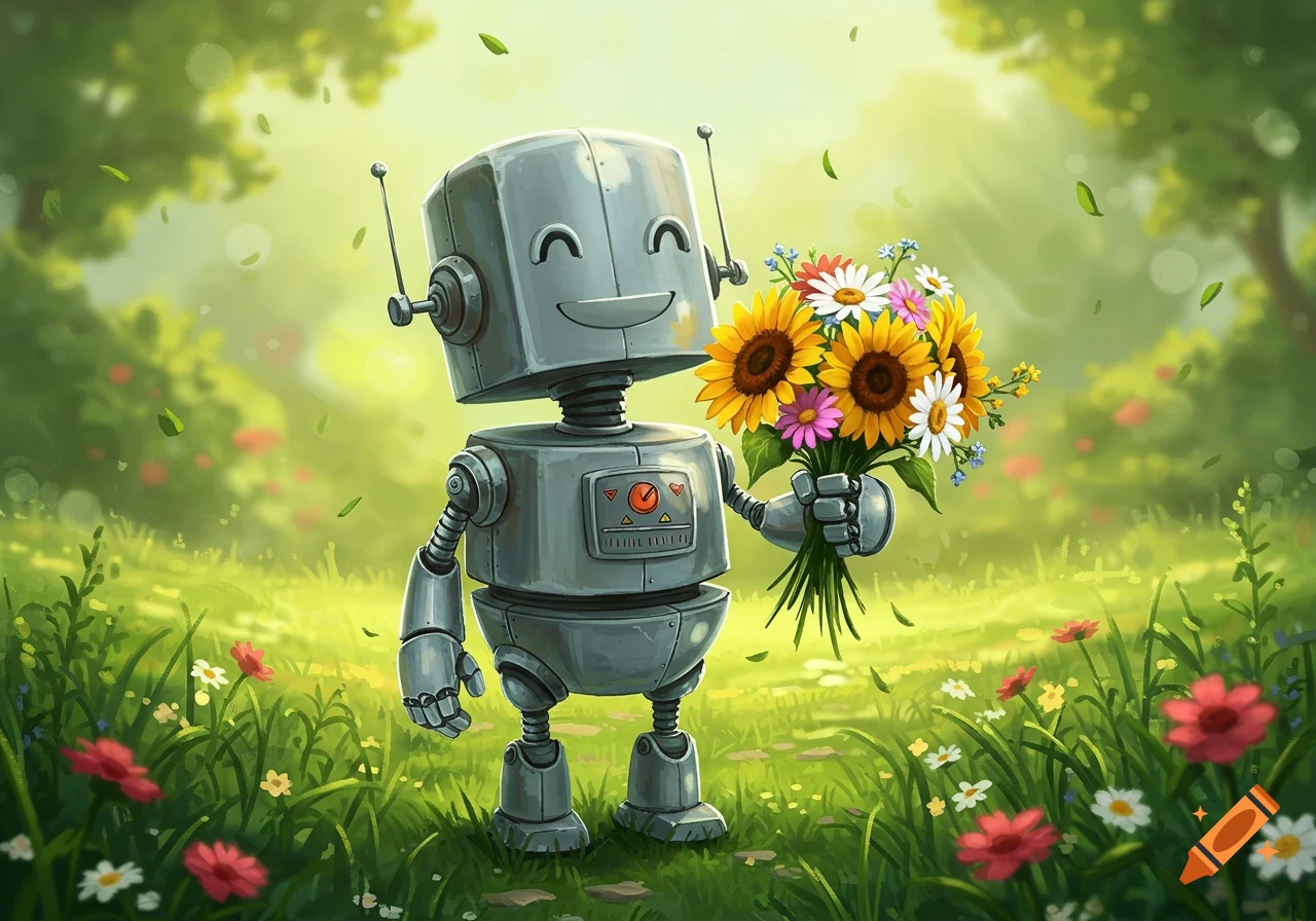 A happy cartoon robot stands in a grassy field, holding a vibrant bouquet of sunflowers and daisies.