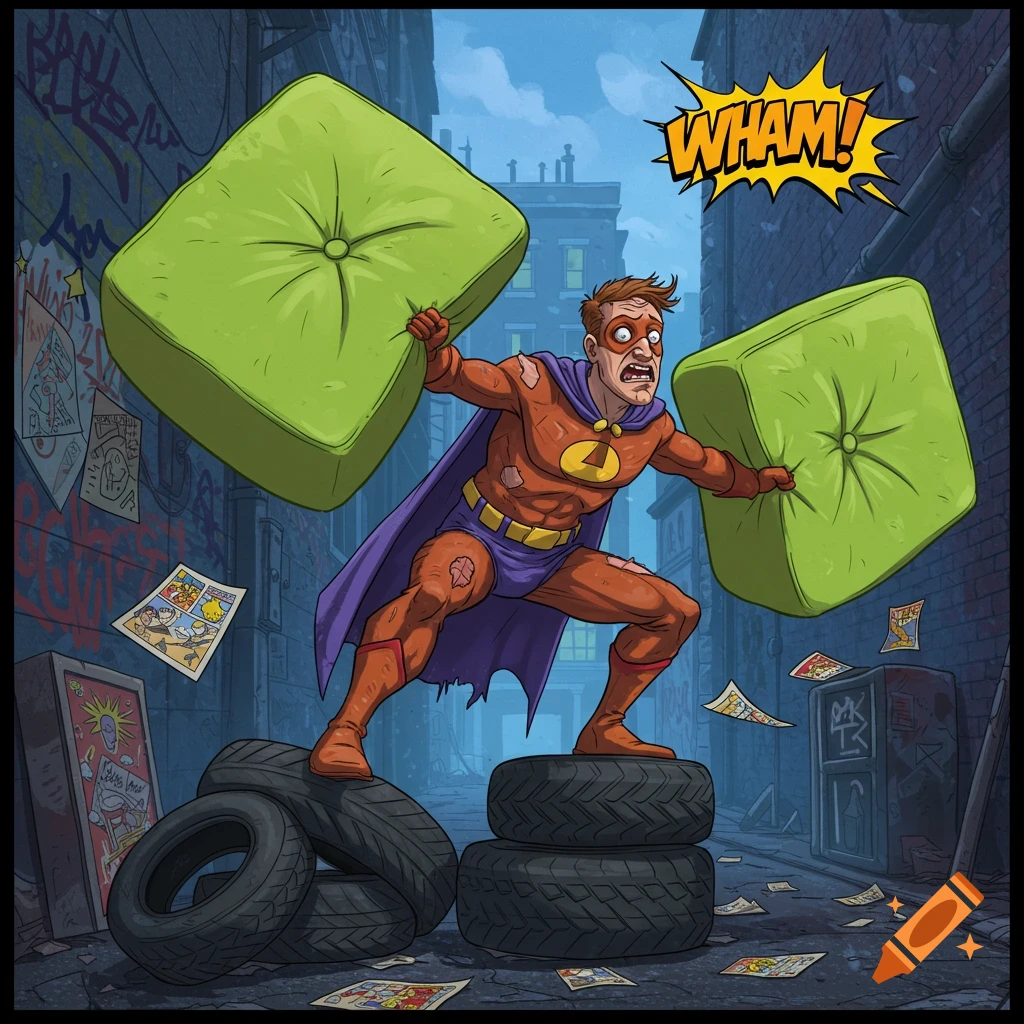 A cartoon superhero with lime green cushions for hands struggles in a gritty alley, with a 'WHAM!' speech bubble.