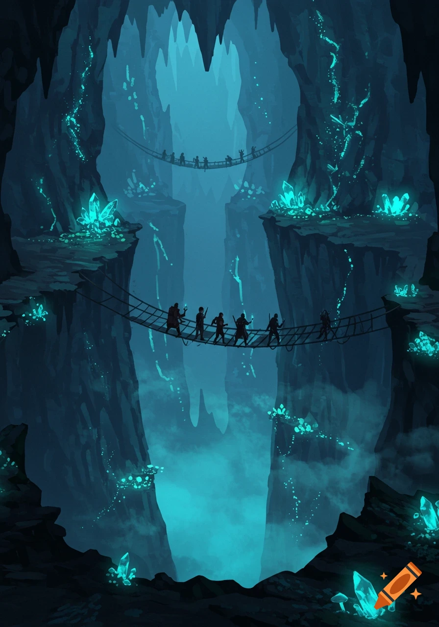 Silhouetted adventurers cross a rope bridge high above an eerie chasm in a fantasy cave lit by glowing blue crystals.