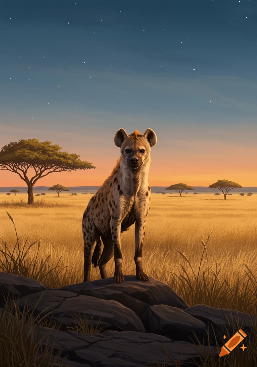A hyena stands on dark rocks in a golden savanna field with acacia trees under a twilight sky with stars.