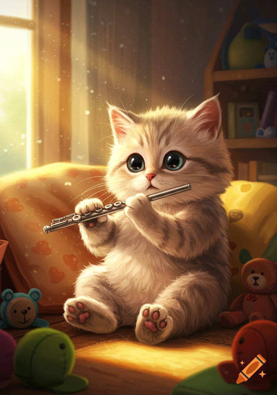 A cute, fluffy tabby kitten with large blue eyes sits playing a silver flute amidst plush toys in a sunlit room.