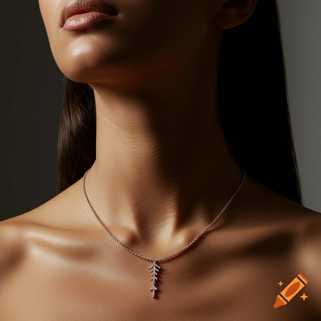 Close-up of a woman's neck and décolletage, wearing an elegant diamond leaf-shaped pendant necklace. Studio lighting highlights her smooth skin.