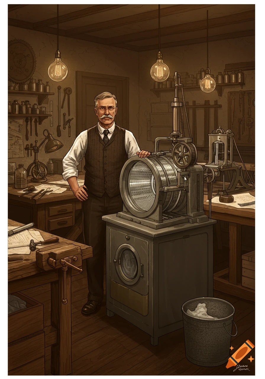 A man with a mustache stands in a workshop next to an early electric washing machine, in a detailed illustration.