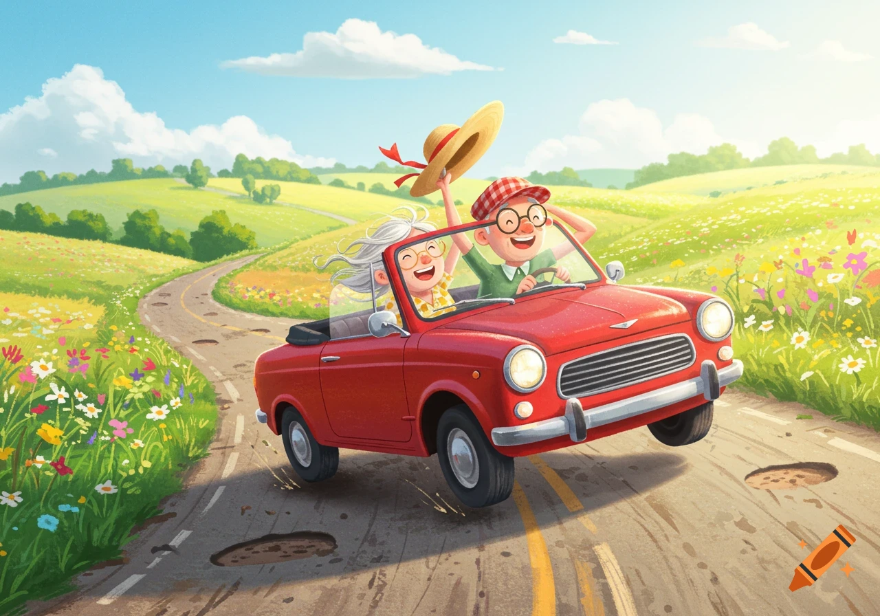 Cartoon of happy elderly couple in a red convertible bouncing over potholes on a winding country road with green hills and wildflowers.
