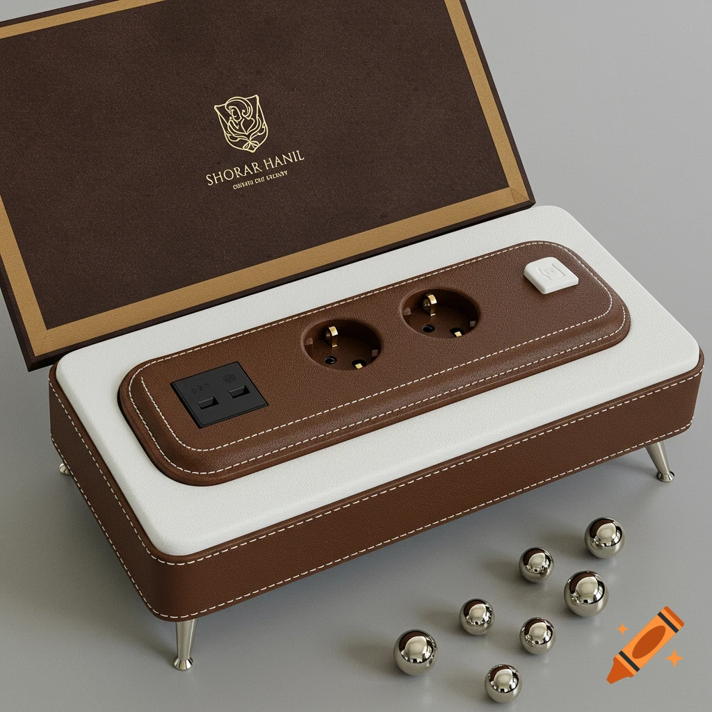A luxurious power strip covered in brown and white leather with gold accents and metal legs, displayed in an open gift box, with several polished metal spheres scattered nearby.